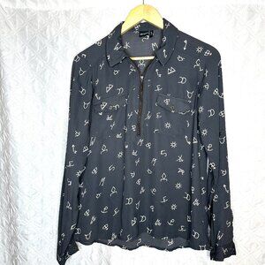 Western equestrian boho 1/4 zip Cruel Denim sheer gray top, roll tab sleeves, S